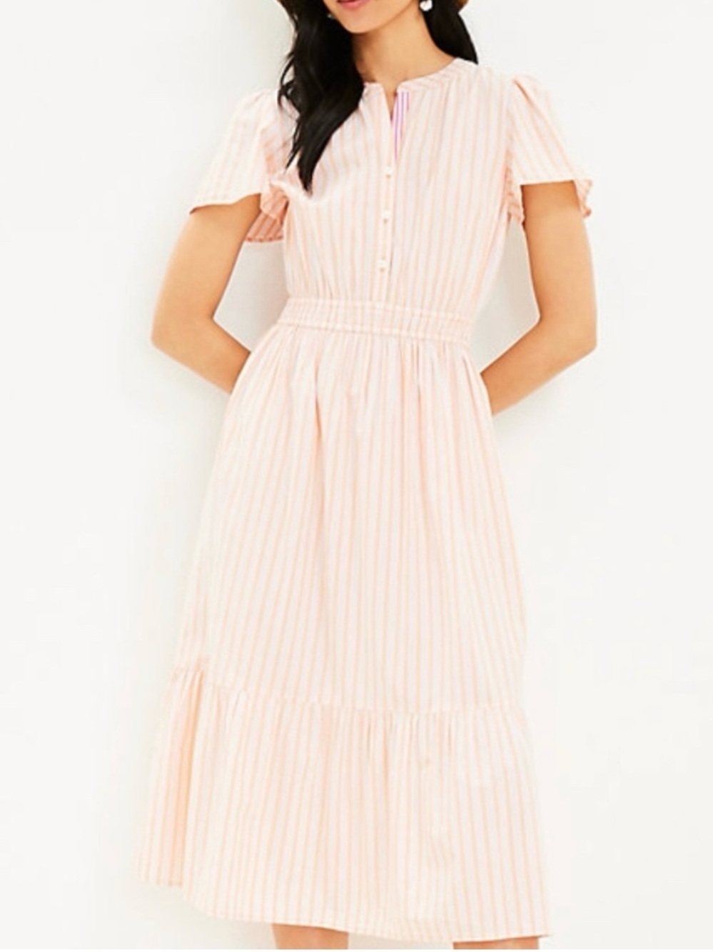 Loft Peach Striped Tiered Midi Dress